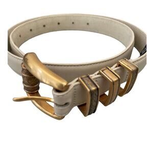 Ivory White Brighton Leather Belt Impressive Detail Brass Buckle sz Large